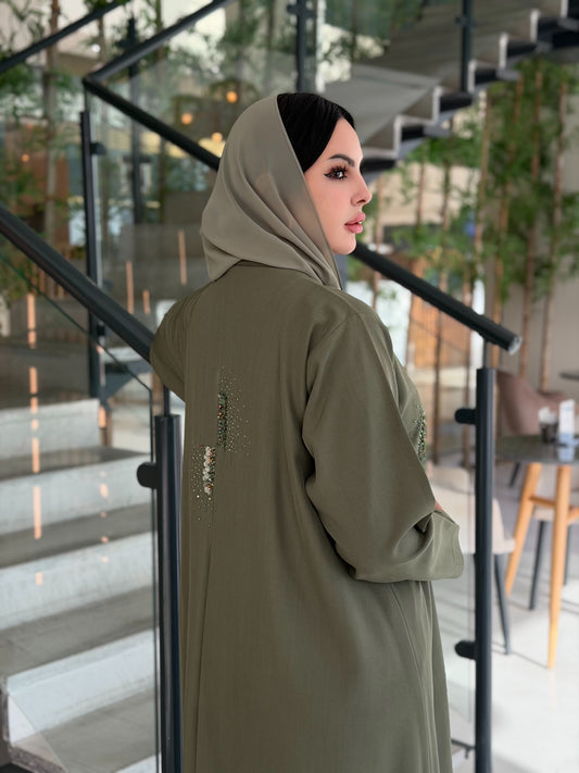 Olive Linen Sequins Abaya