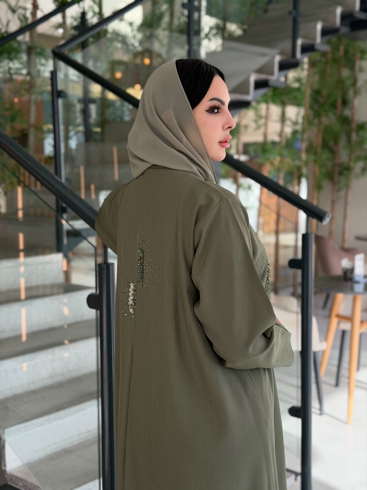 Olive Linen Sequins Abaya