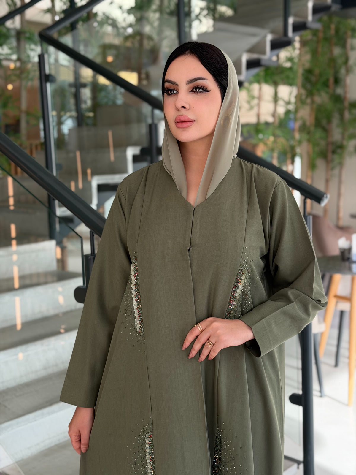 Olive Linen Sequins Abaya