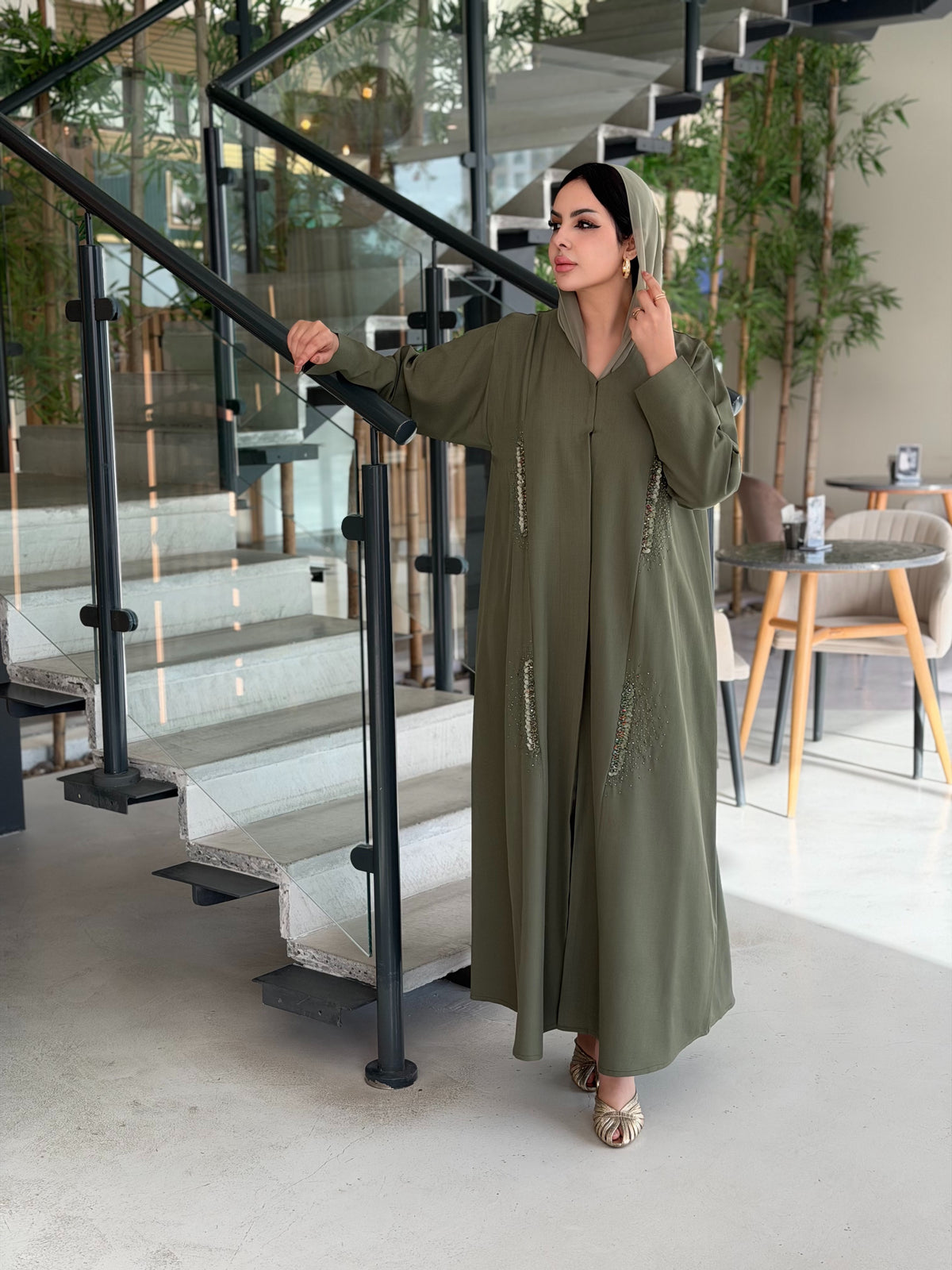 Olive Linen Sequins Abaya