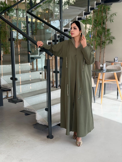 Olive Linen Sequins Abaya
