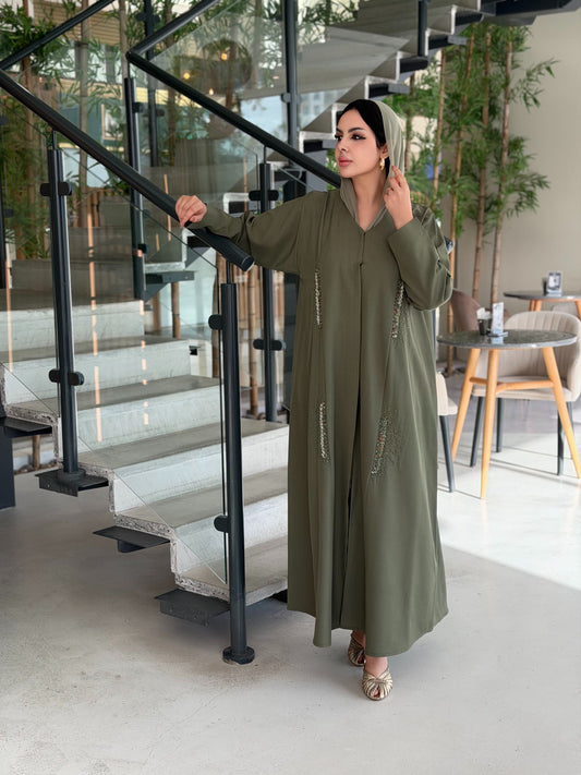 Olive Linen Sequins Abaya
