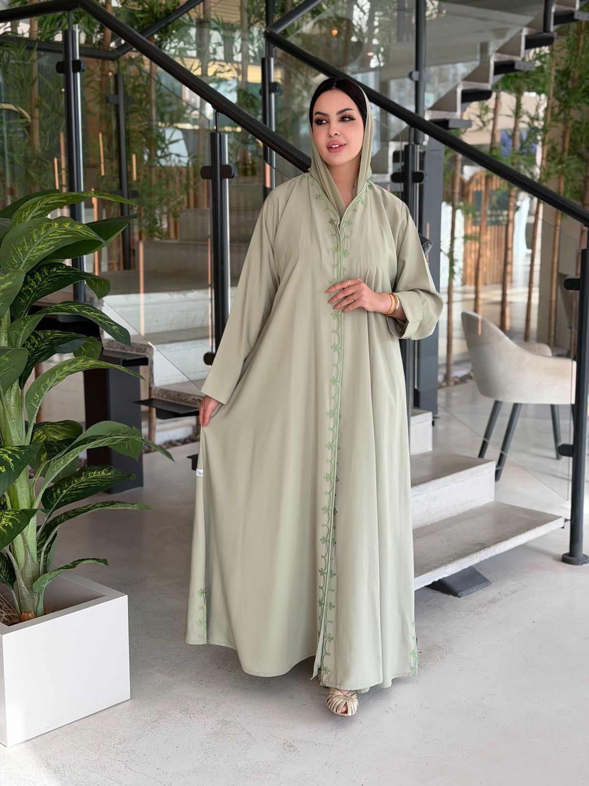 Summer Embroided Abaya - Sage Green