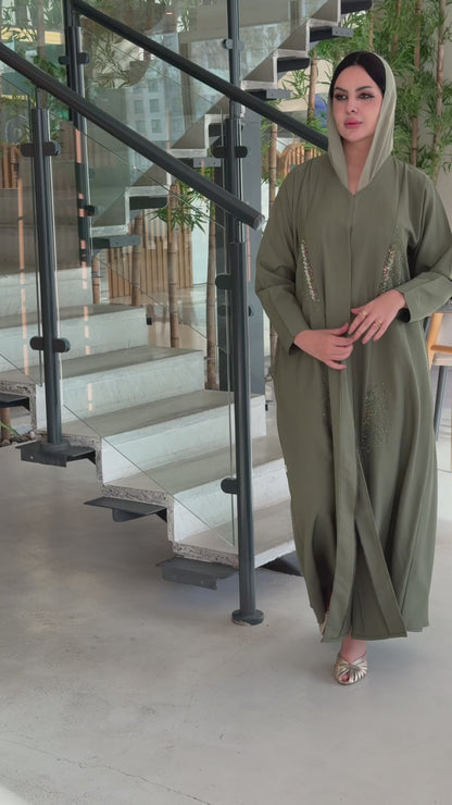 Olive Linen Sequins Abaya
